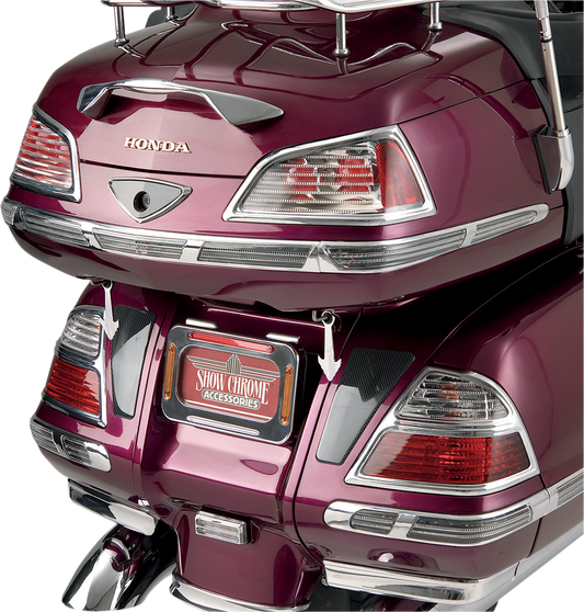 Bill's Exhausts SHOW CHROME Trunk LED Molding Inserts for 2001-2010 Honda Gold Wing GL1800 motorcycle engine, chrome finish, with LED accents.