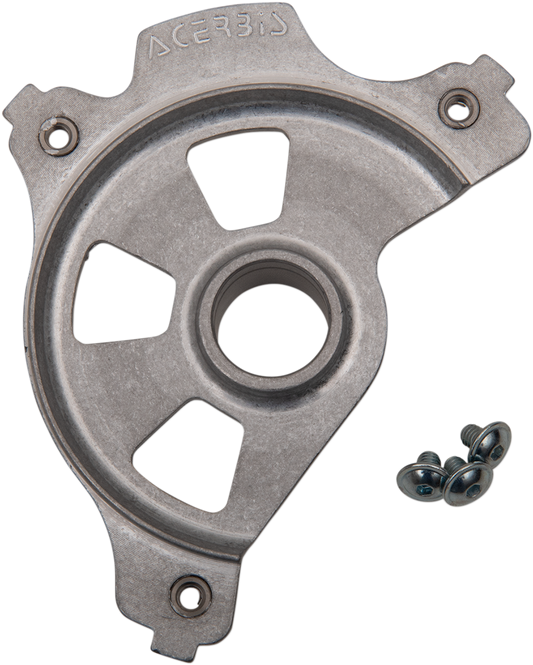 Unfinished ACERBIS disc cover mount kit for Kawasaki motorcycles, displayed on a body component with mounting holes and metallic finish.
