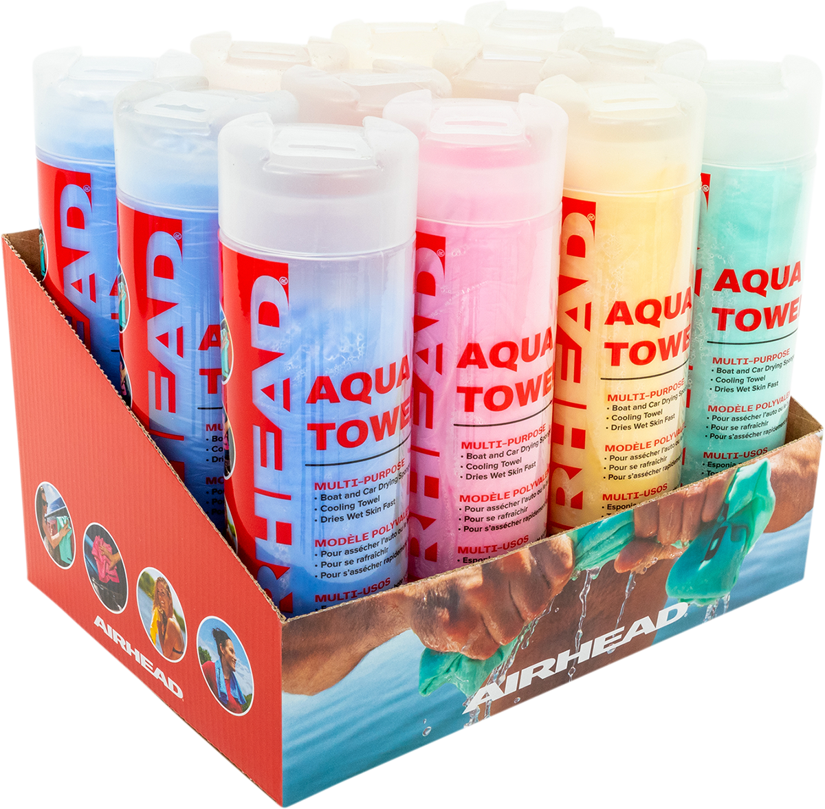 Assorted AIRHEAD SPORTS GROUP water absorbing towels in a 12-pack, lightweight and quick-drying for sports and outdoor use.