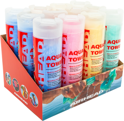 Assorted AIRHEAD SPORTS GROUP water absorbing towels in a 12-pack, lightweight and quick-drying for sports and outdoor use.