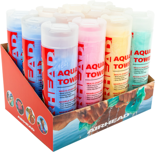 Assorted AIRHEAD SPORTS GROUP water absorbing towels in a 12-pack, lightweight and quick-drying for sports and outdoor use.