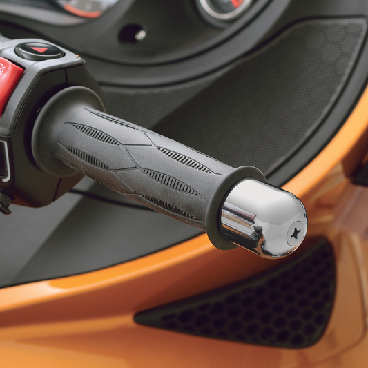 Can-Am Show Chrome bar end weights for engine protection, installed on motorcycle handlebars, by Bill's Exhausts.