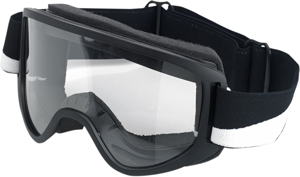 Black BILTWELL Moto 2.0 goggles with bolt details, designed for motorcycle helmets, showcasing the sleek, durable construction.