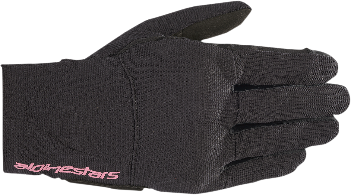 Alpinestars Women Stella Reef Gloves in black and fuchsia, large size, showing the stylish, durable motorcycle gloves.