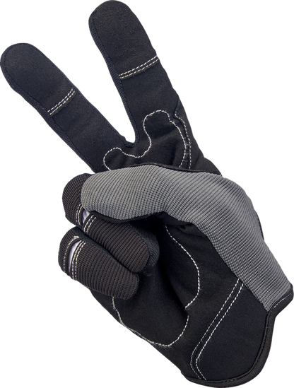 Gray and black BILTWELL Moto Gloves in small size, with textured leather and protective knuckles for motorcycle riding.