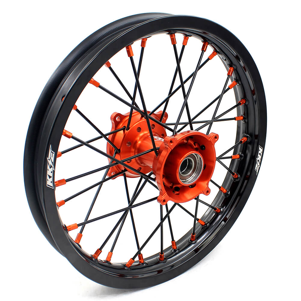 KKE 19"×1.6/16"×1.85 Spoke Kid's Big Wheels Rims Fit KTM SX 85 2003-2020 Orange Nipples & Black Spokes - Howling Moto