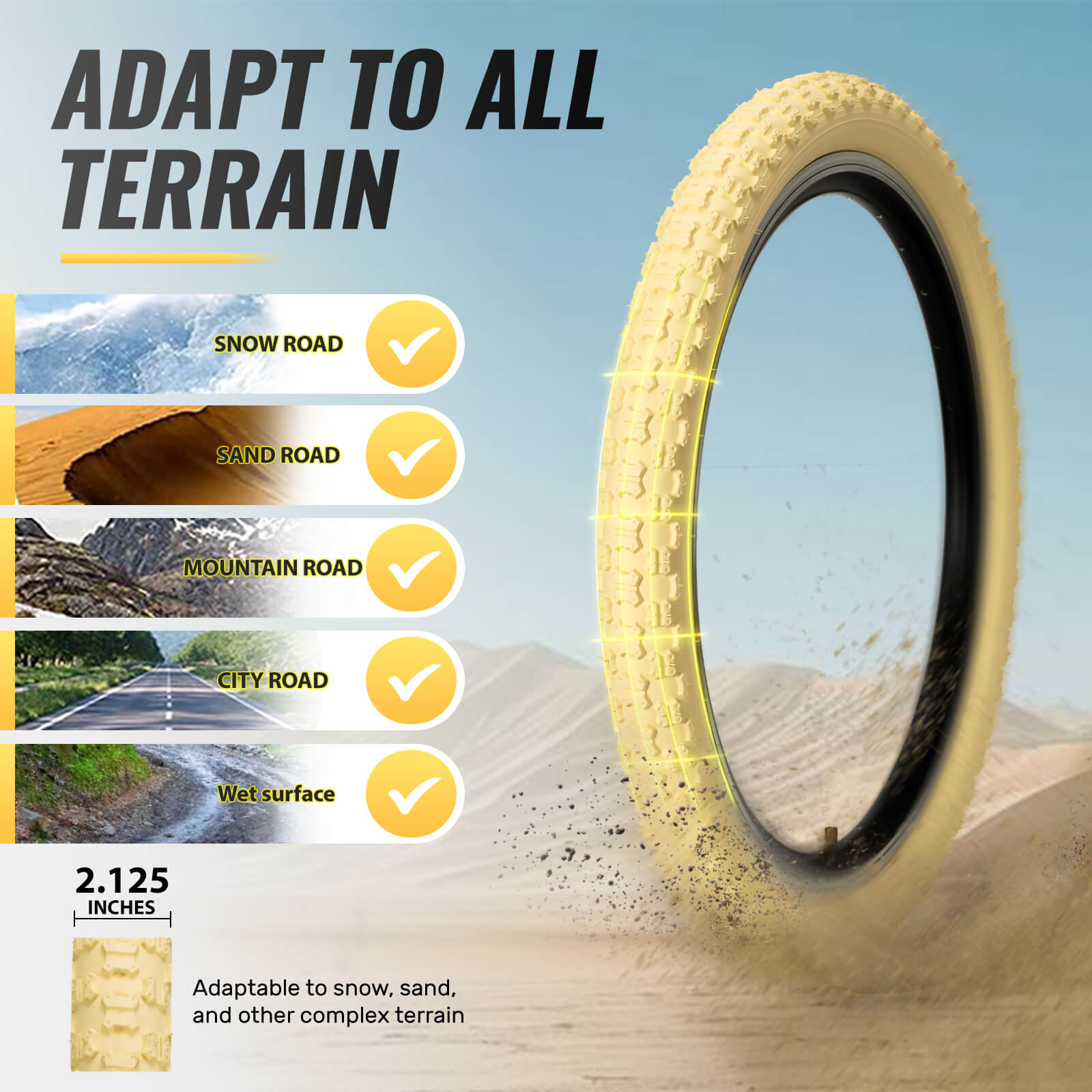 Hycline Bowlite beige and white wall bicycle tires, 16-inch by 2.125-inch, shown mounted on a bike rim.