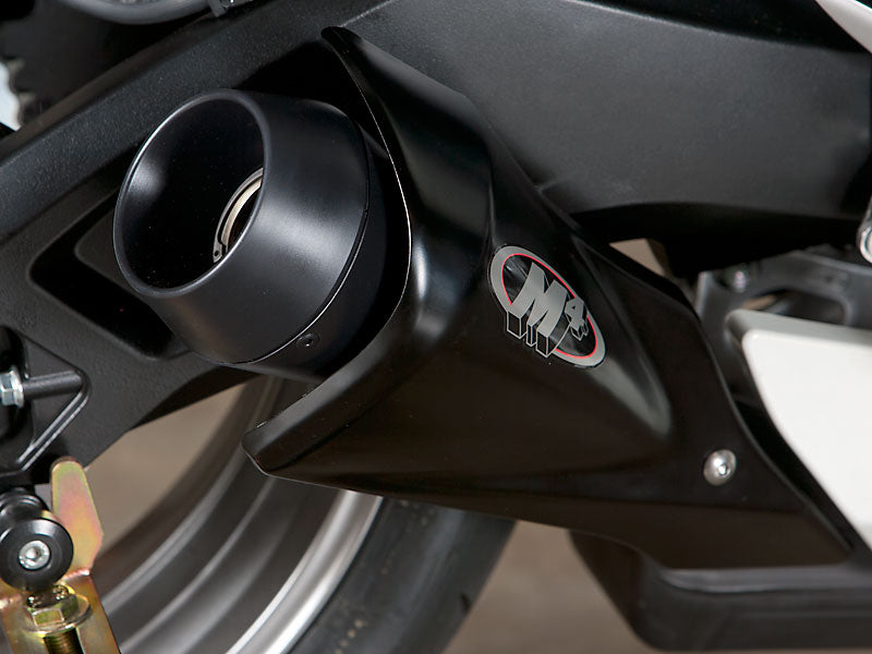 Black Bill's Exhausts M4 GP slip-on exhaust for GSXR600/750 2011-2024, showing detailed finish and sticker branding.