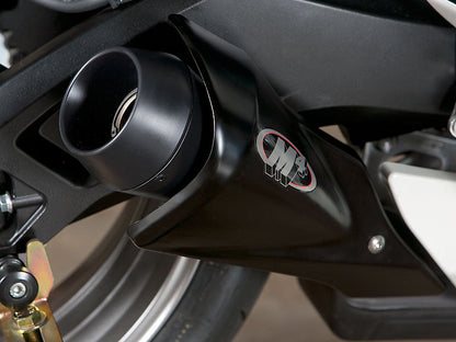Black Bill's Exhausts M4 GP slip-on exhaust for GSXR600/750 2011-2024, showing detailed finish and sticker branding.
