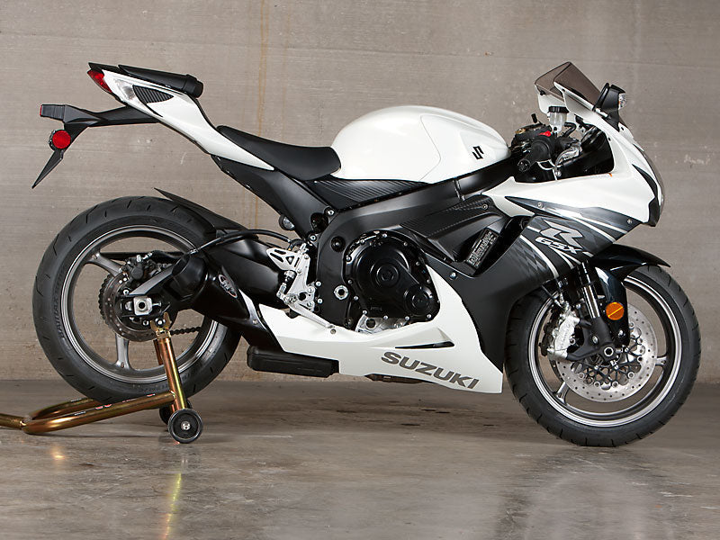 Black M4 GP slip-on exhaust for GSXR600/750 2011-2024, branded by Bill's Exhausts, shown with sticker and sleek design.