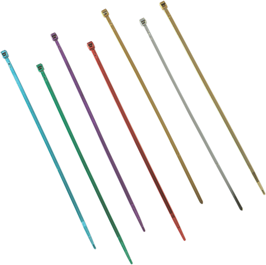 Chrome 7-inch cable ties from DRAG SPECIALTIES, pack of 10, showing shiny metal locking mechanism and smooth cable strap.