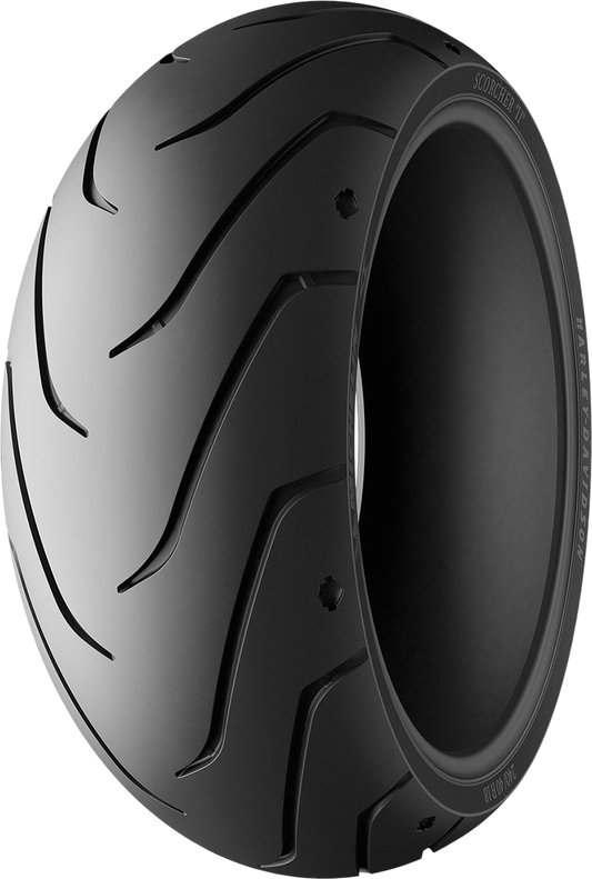 Michelin Scorcher 11 rear motorcycle tire 180/55ZR17 with W rating, shown mounted on a Harley-Davidson V-Rod or Fat Boy.