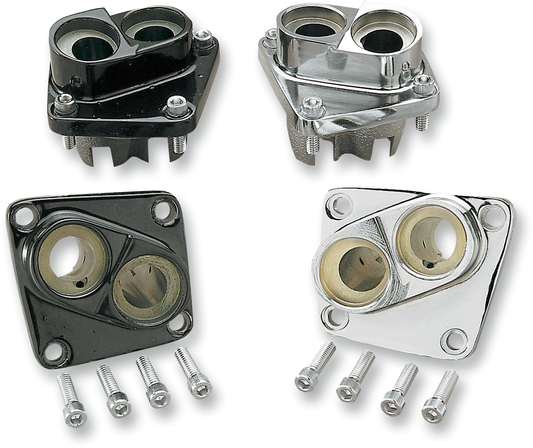 Black DRAG SPECIALTIES lifter block for Shovelhead engines, part no. 20489BK-BX-LB1, with detailed engine components visible.