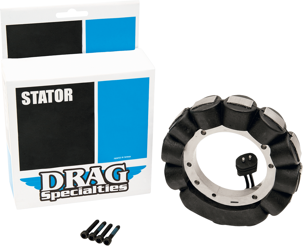 Coated stator for Harley Davidson motorcycle by Drag Specialties, part 29965-81ACBXLB1, showing the electrical component with wiring.