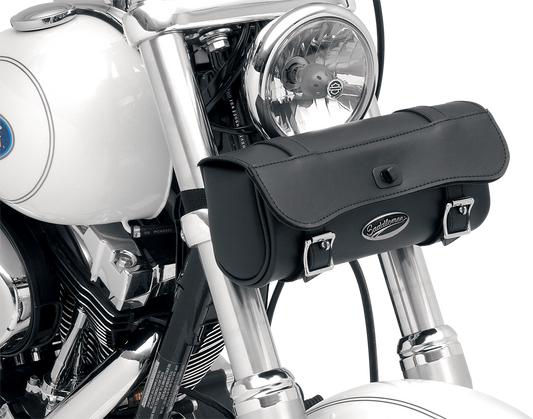 Medium Saddlemens Drifter Tool Bag for seats by Bill's Exhausts, shown attached to motorcycle seat with durable construction.