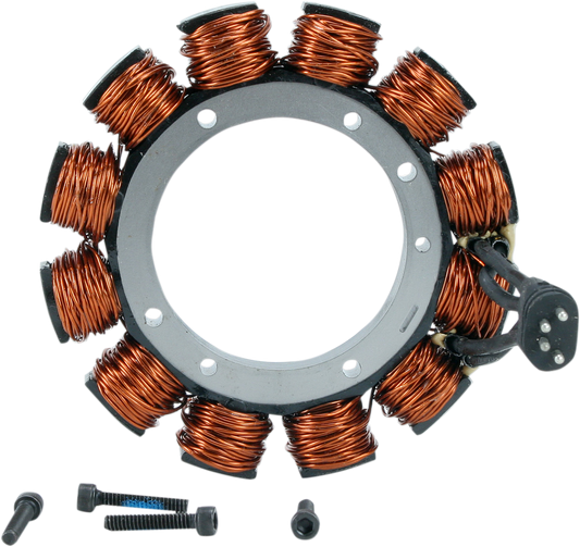 Drag Specialties 4-wire stator for '70-'75 FX FL motorcycles, showing the electrical component with wiring connections.