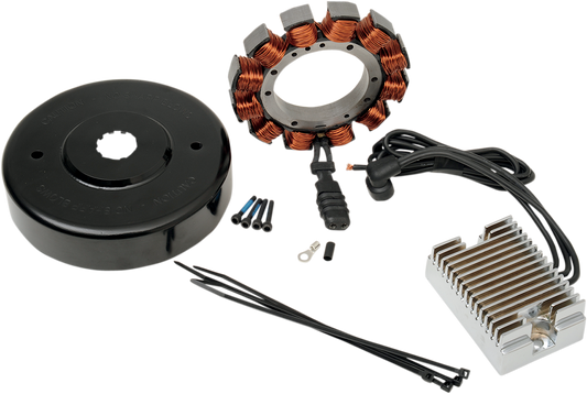 DRAG SPECIALTIES 32A charging kit with chrome voltage regulator, part #29985-87HV-BXLB, showing the chrome voltage regulator and wiring.
