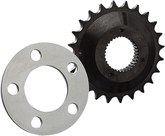 DRAG SPECIALTIES 24-tooth offset sprocket kit for extra-wide tires, showcasing the metal sprocket with gear teeth and mounting holes.