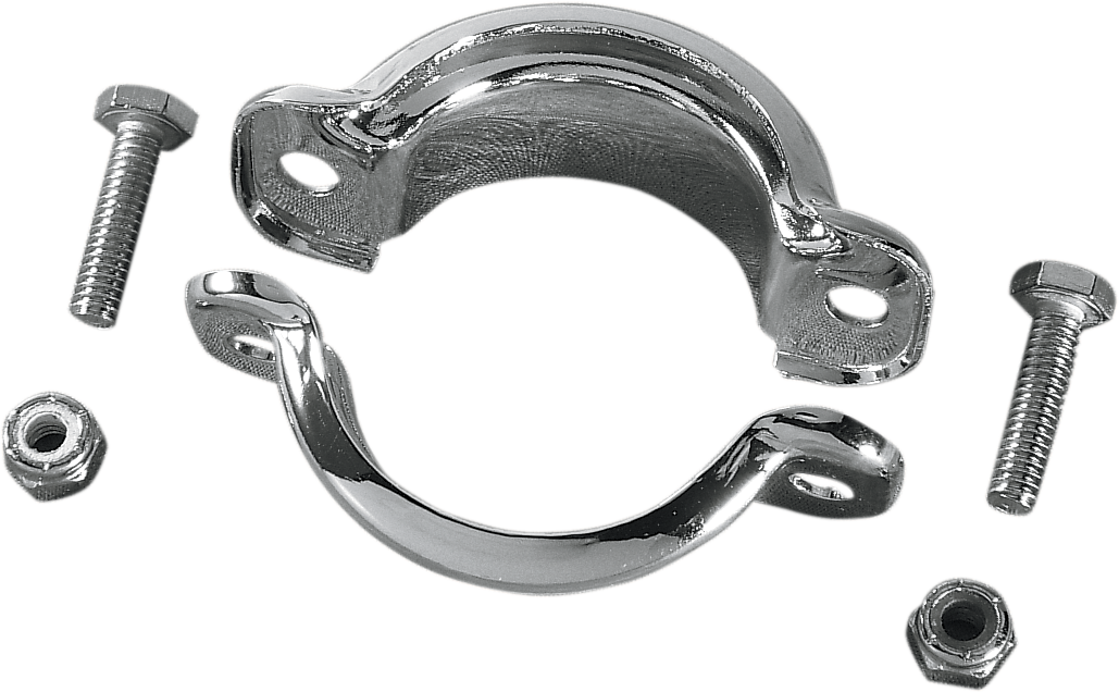 Set of two DRAG SPECIALTIES chrome muffler clamps with part number 74785, designed for secure exhaust pipe fitting.