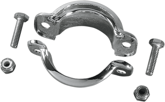 Set of two DRAG SPECIALTIES chrome muffler clamps with part number 74785, designed for secure exhaust pipe fitting.