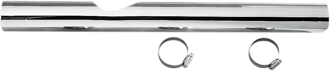 Chrome right-side heat shield for Harley-Davidson with stock exhaust by Drag Specialties, shown mounted on motorcycle.