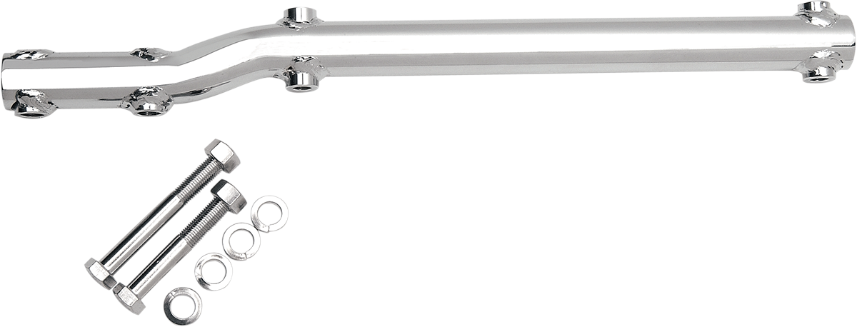Chrome muffler support bracket by Drag Specialties for heavy-duty motorcycle exhaust systems, shown with mounting details.