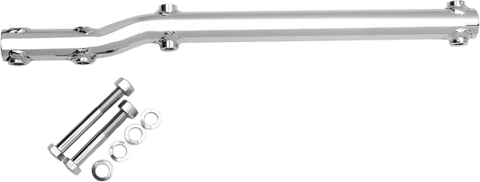 Chrome muffler support bracket by Drag Specialties for heavy-duty motorcycle exhaust systems, shown with mounting details.