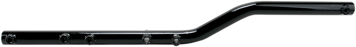 Black Drag Specialties muffler support bracket for motorcycle exhaust system, durable metal construction with mounting hardware.