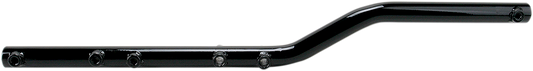 Black Drag Specialties muffler support bracket for motorcycle exhaust system, durable metal construction with mounting hardware.