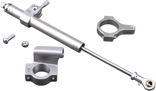 Chrome steering damper for 1984-1999 Harley FXST by Drag Specialties, showing the sleek metal finish and mounting hardware.