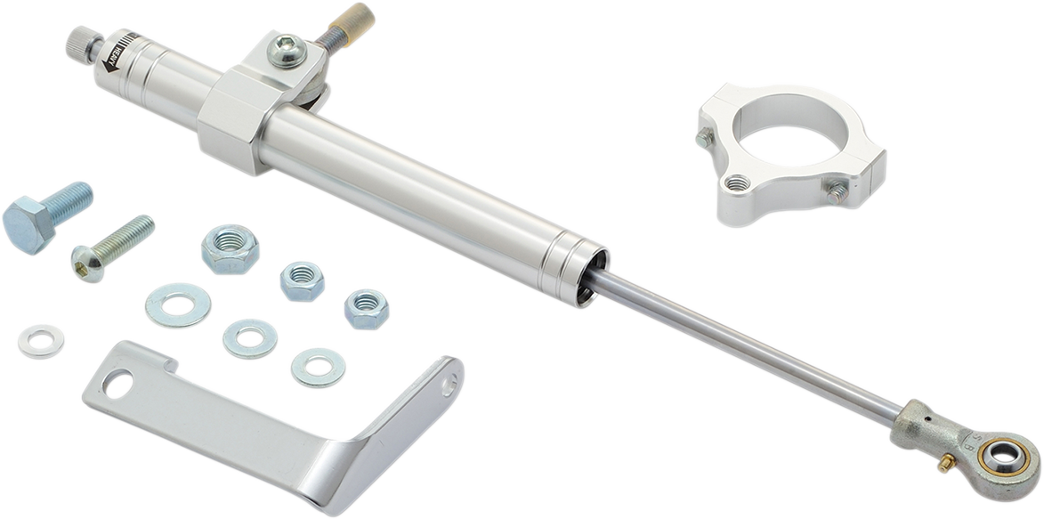 Chrome steering damper for Harley-Davidson FXD 1991-2005 by Drag Specialties, shown mounted on motorcycle handlebar.