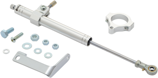 Chrome steering damper for Harley-Davidson FXD 1991-2005 by Drag Specialties, shown mounted on motorcycle handlebar.