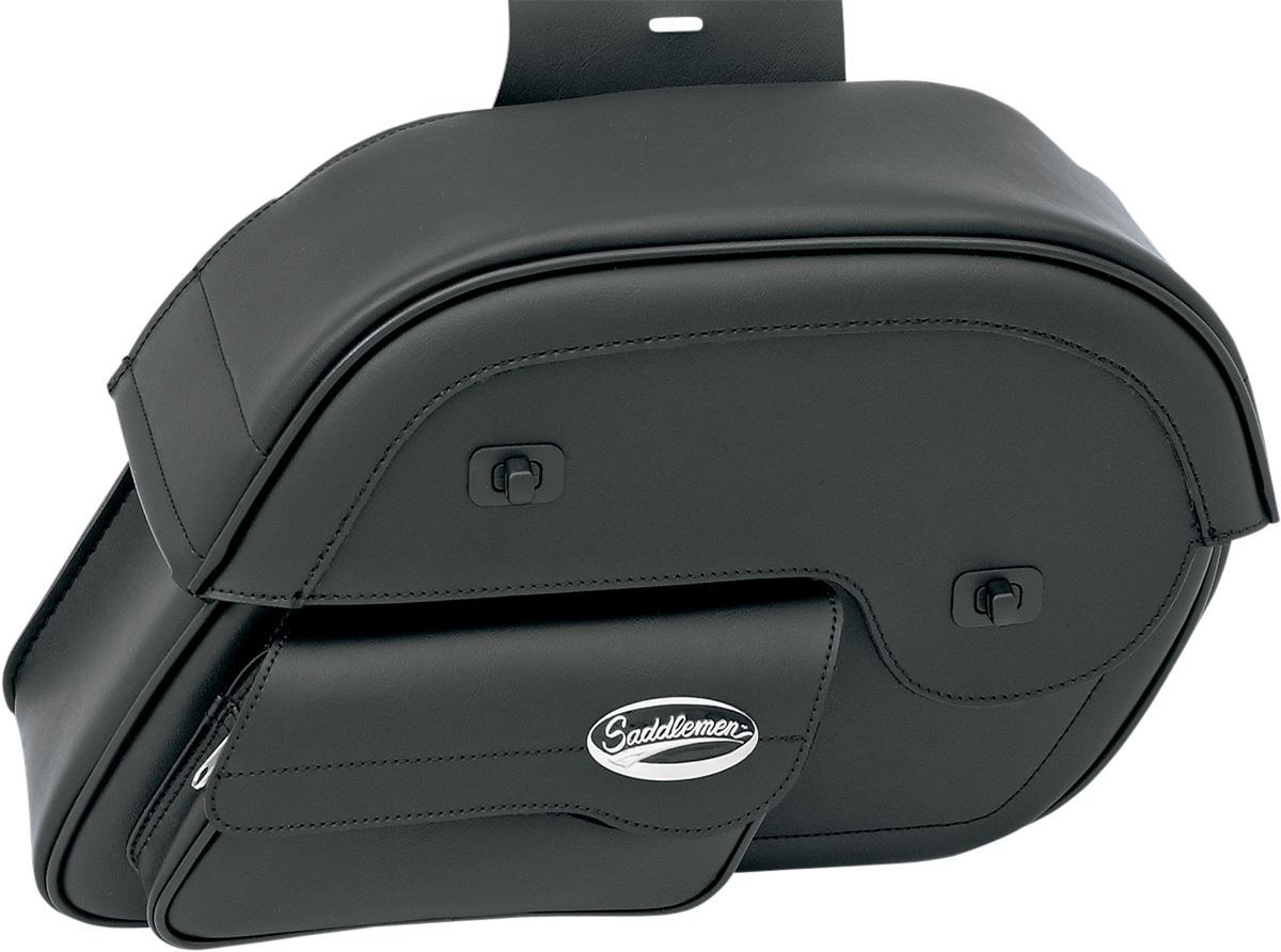 Large SADDLEMEN Cruis'n Slant Face Pouch Saddlebags on motorcycle seat, featuring durable leather with sleek design.