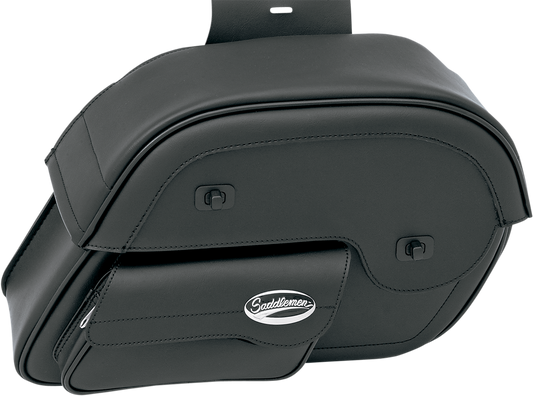 Large SADDLEMEN Cruis'n Slant Face Pouch Saddlebags on motorcycle seat, featuring durable leather with sleek design.