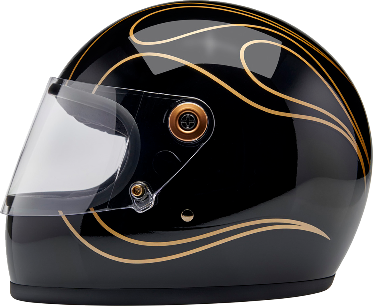 Gloss black flames BILTWELL Gringo S helmet in small size, featuring a sleek helmet design with flame graphics and a glossy finish.
