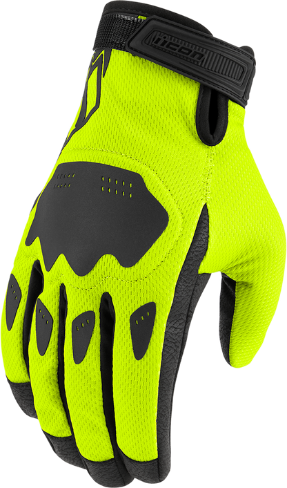 Hi-Vis ICON Hooligan CE Gloves in 3XL by Bill's Exhausts, showing bright safety gloves with protective features and adjustable wrist straps.