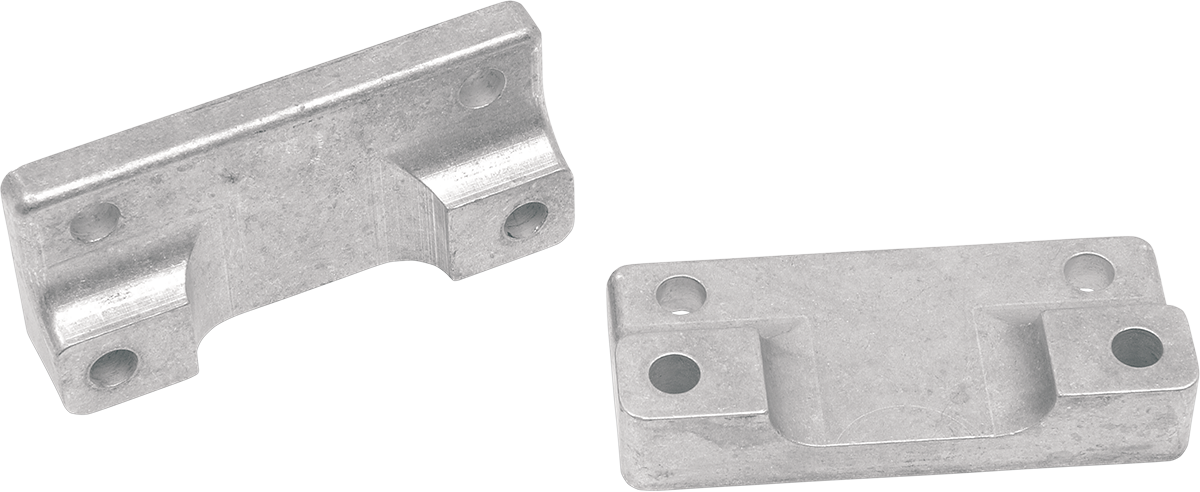 Drag Specialties Fender-To-Fork Adapters for FLSTF to FLT/FLHT forks, part #222129, showing metal mounting hardware for motorcycle.