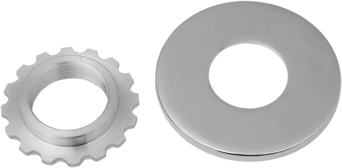 Chrome steering stem bearing adjusting nut with dust cover for motorcycle by DRAG SPECIALTIES, part 23-0326-BC102.