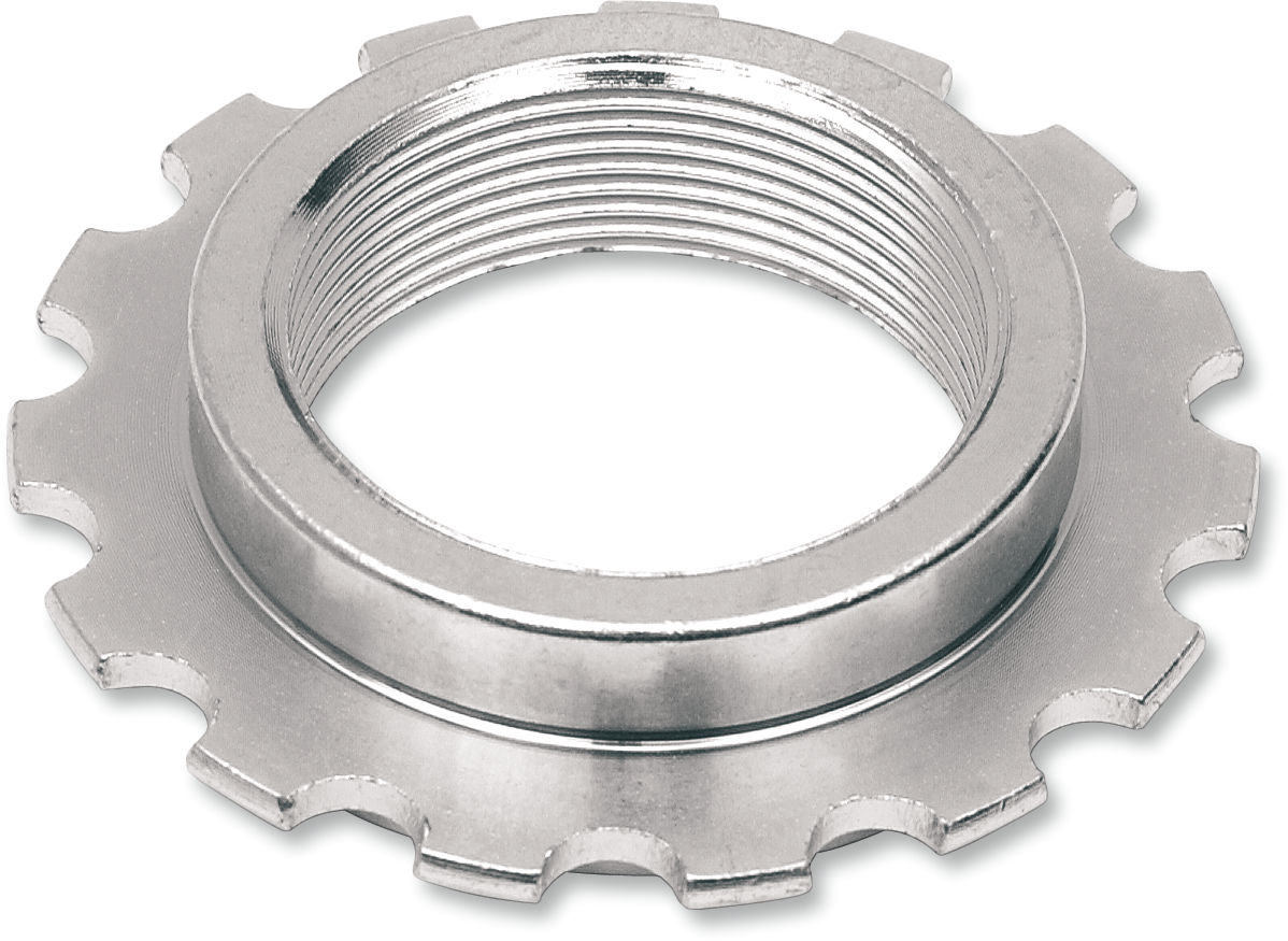 DRAG SPECIALTIES Harley-Davidson steering stem bearing adjusting nut 71349, close-up view showing metal nut and threading