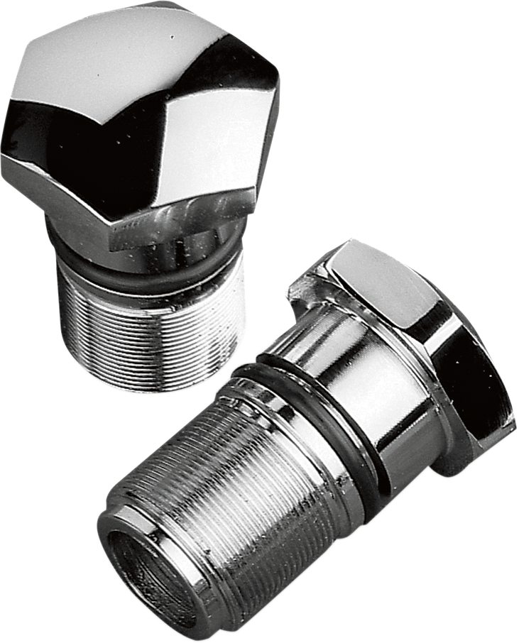 Chrome fork tube caps for Harley Davidson motorcycles by Drag Specialties, featuring a sleek, polished finish.