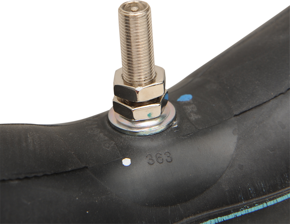 PARTS UNLIMITED 14-inch TR-4 standard inner tube with center metal valve, shown with black rubber and metal valve stem.