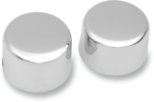 DRAG SPECIALTIES front axle caps for Harley-Davidson bikes from 1972 to 2006, showcasing black metal caps with engraved branding.