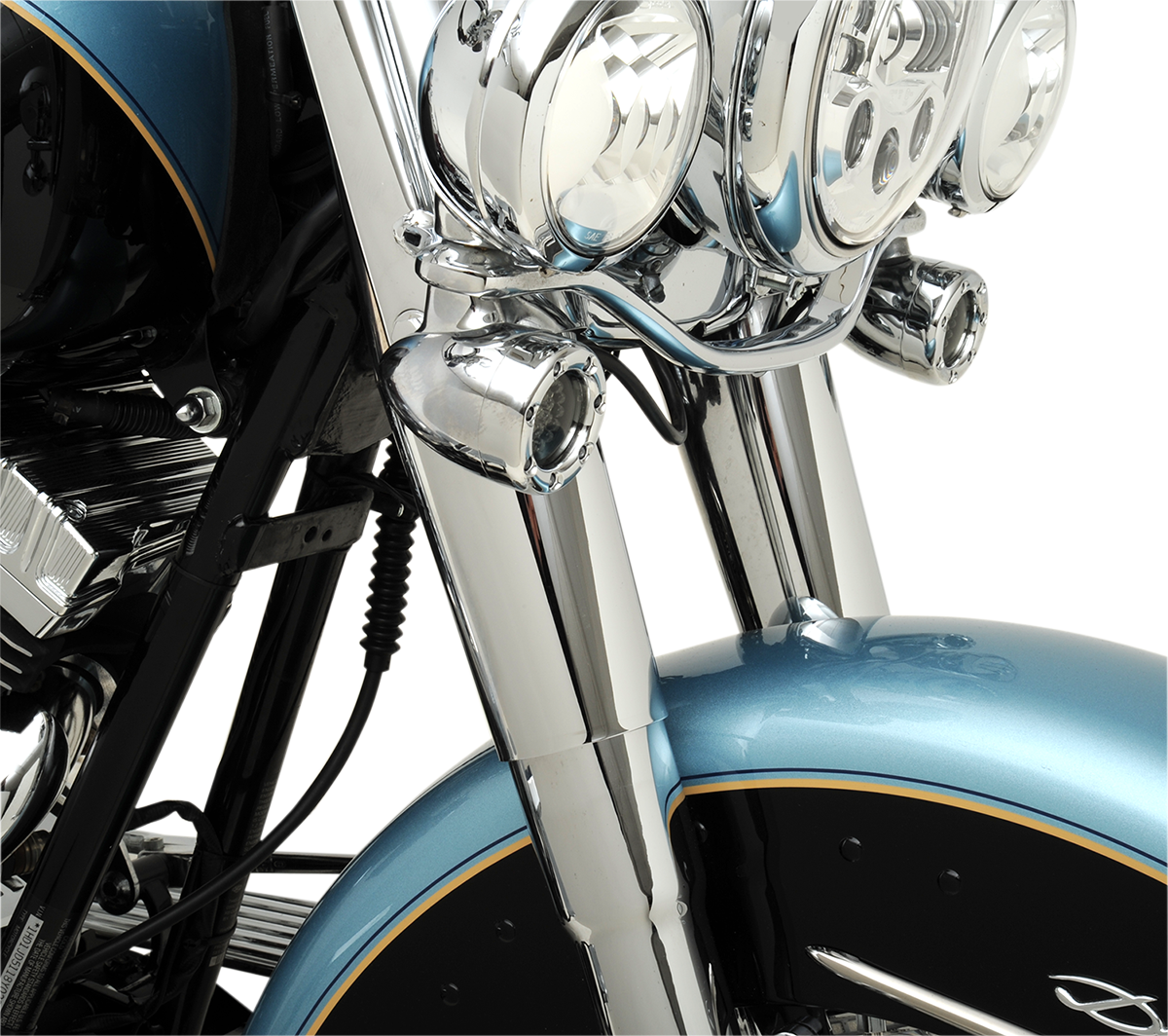 Chrome fork slider covers for Harley-Davidson, stock length by Drag Specialties, with polished chrome finish on a motorcycle front fork.