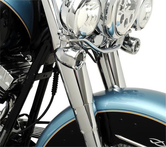 Chrome fork slider covers for Harley-Davidson, stock length by Drag Specialties, with polished chrome finish on a motorcycle front fork.