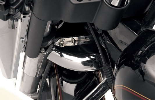 Chrome front fork air baffle for motorcycles by DRAG SPECIALTIES, designed to fit and enhance front suspension appearance.