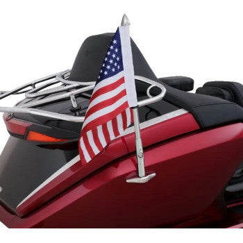 Chrome folding flag pole with US flag mounted on a motorcycle, designed for Honda Gold Wing GL 1800 models by Bill's Exhausts.