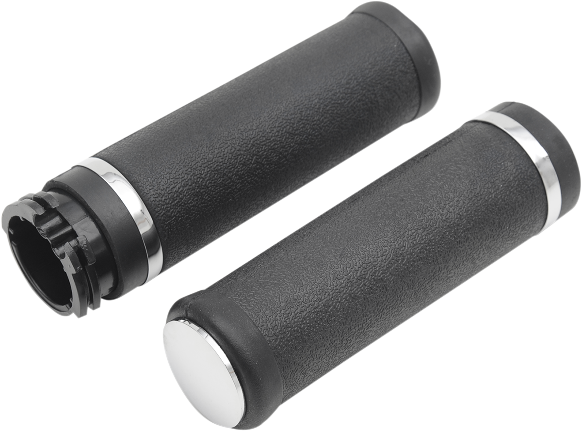 DRAG SPECIALTIES Hotop smooth rubber motorcycle grips with accent rings and end caps, black handlebar accessories.