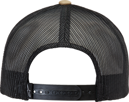Alpinestars flag snapback hat in sand and black with embroidered logo, adjustable one size fits most, casual streetwear style.