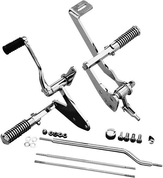 Drag Specialties FXR forward control kit with chrome mounts and hardware for motorcycle, showing footpeg and control components.