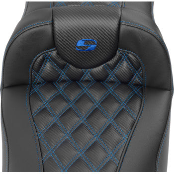 SADDLEMEN Roadsofa™ extended reach motorcycle seat without backrest, blue lattice stitching, for FLTR/FLHX 2023-2024 by Bill's Exhausts